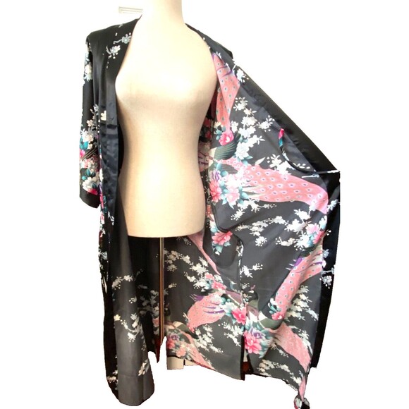 Vtg NWT BABEYOND Satin Kimono Robe Women's M/L Black Floral Peacock Y2K Boho - Picture 9 of 13